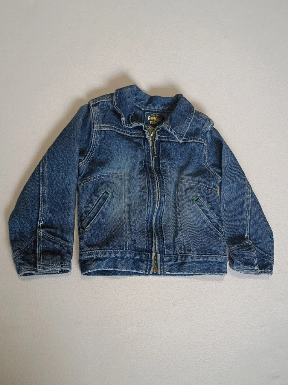 Vintage Y2K OshKosh Bgosh Zip Up Denim Jacket 4T Contrast Green Stitch Workwear